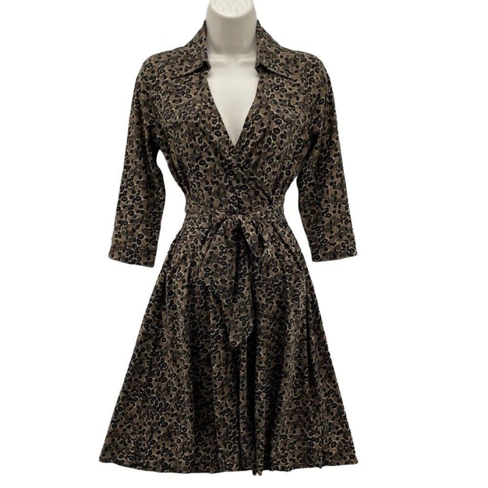 Talbots Midi Dress Womens 2 Petite Brown Animal Print Wrap Front Pockets Belt